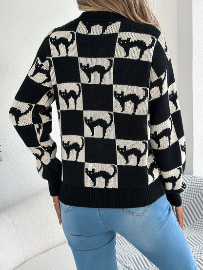 Women Halloween Plaid Lantern Sleeve Long Sleeve Pullover Sweater