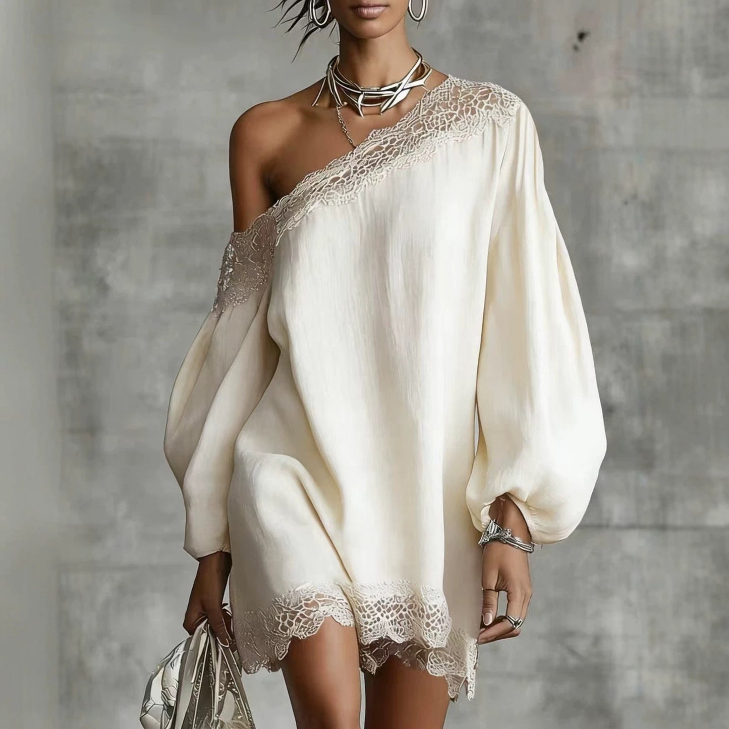 Solid-color Lace-trimmed Casual Off-shoulder Long-sleeve Top