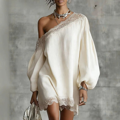 Solid-color Lace-trimmed Casual Off-shoulder Long-sleeve Top