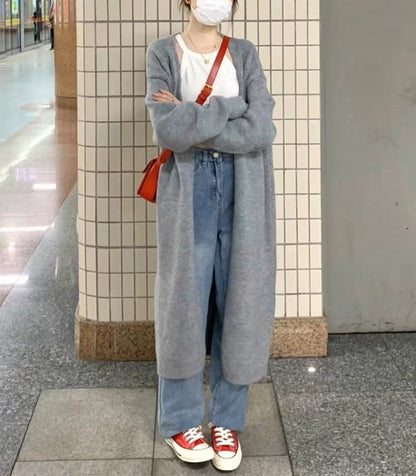 Women's Mid-length Knitted Cardigan V-neck Thickened Sweater Coat