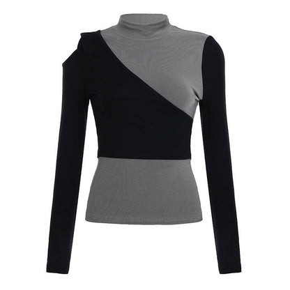 New Color-blocked Mock-neck Slim-fit Top