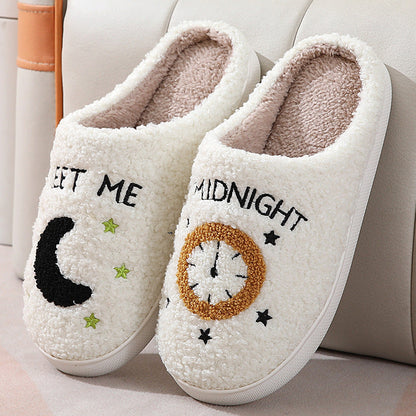 Cosy Moon & Clock Print Slippers - Plush Memory Foam House Shoes for Women | Anti-Slip Winter Warmth