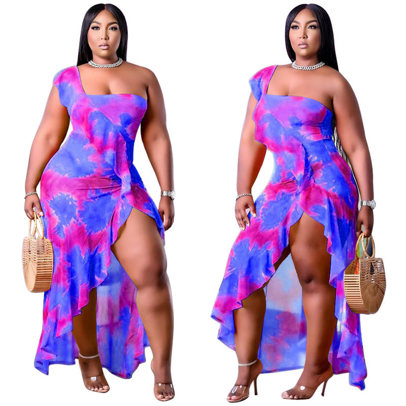 Women's Summer New Arrival One-Shoulder Irregular Printed Ruffle Hem Plus-Size Dress