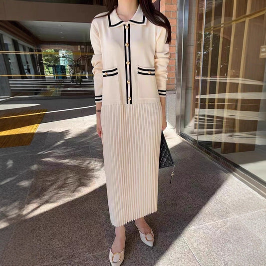 Women's Loose-fit Retro Knitted Dress With Turn-down Collar And Contrasting Colors