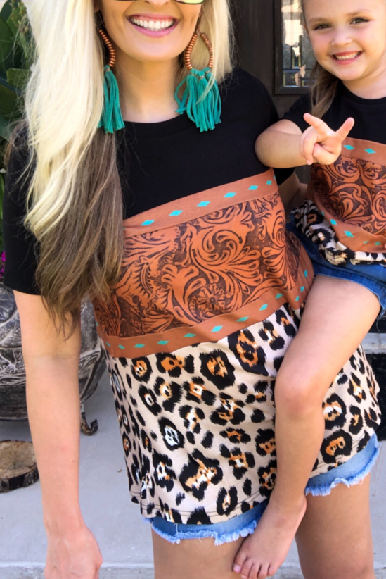 Brown Print Leopard Colorblock Girls' T-shirt