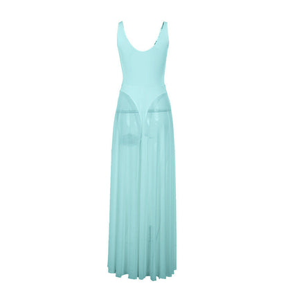 Women's Solid-Color Elegant Resort Bodycon Mesh A-Line Dress