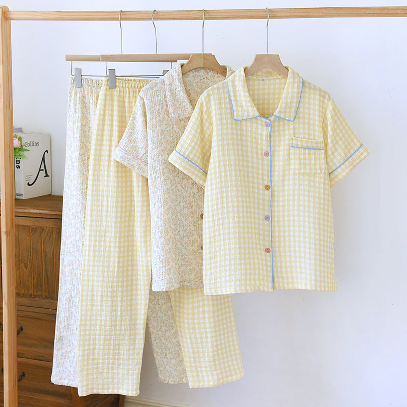 Washed Cotton Double-layer Gauze Short-sleeved Trousers Casual Loose Outfit