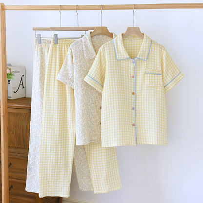 Washed Cotton Double-layer Gauze Short-sleeved Trousers Casual Loose Outfit