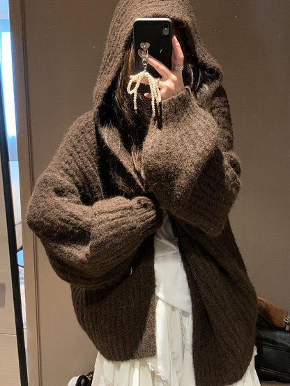 Retro Maillard Hooded Sweater Cardigan For Women