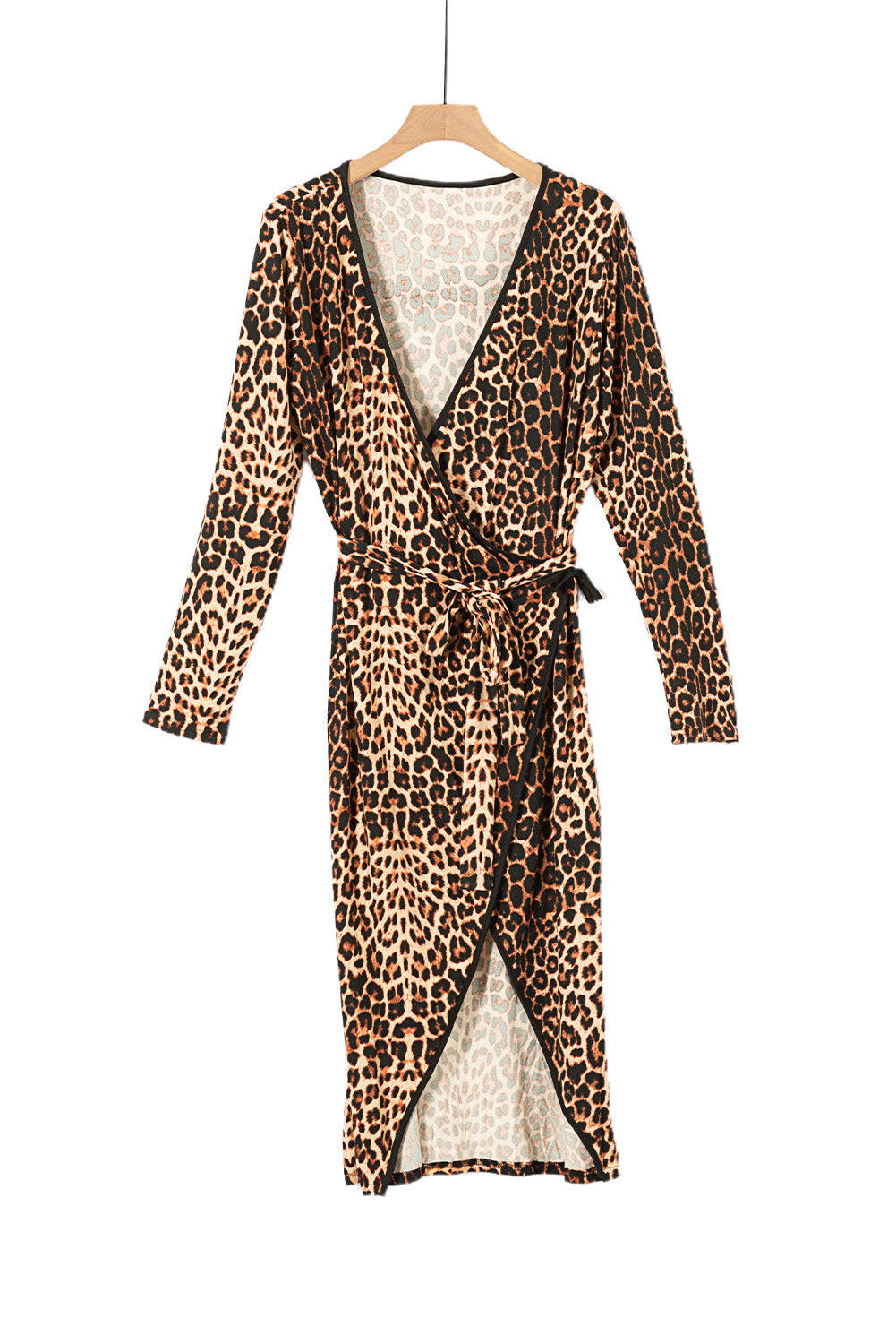 Brown Leopard Wrap V Neck Plus size Dress with A Slit