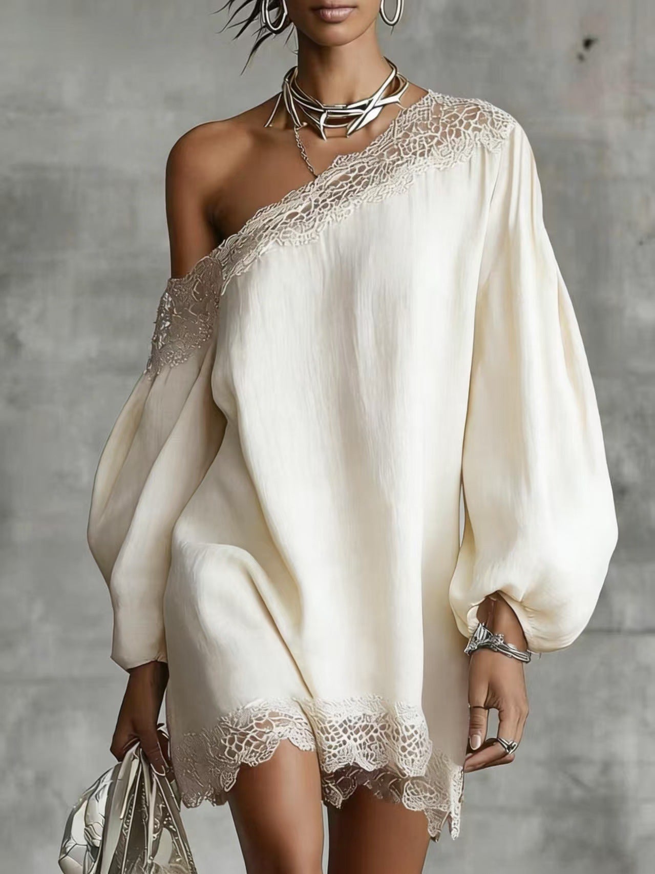 Solid-color Lace-trimmed Casual Off-shoulder Long-sleeve Top