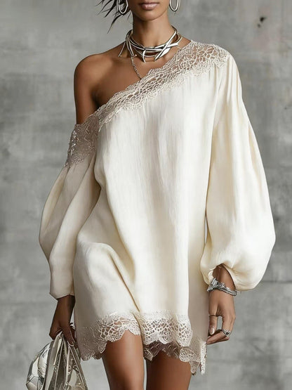 Solid-color Lace-trimmed Casual Off-shoulder Long-sleeve Top