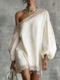 Solid-color Lace-trimmed Casual Off-shoulder Long-sleeve Top