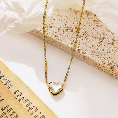 Stainless Steel Necklace With Diamonds Loving Heart Zircon Women