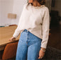 Fashionable Loose-Fit Solid-Color Knitted Sweater With Buttons And Ruffle Neck Long-Sleeve Top