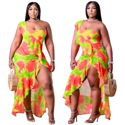 Women's Summer New Arrival One-Shoulder Irregular Printed Ruffle Hem Plus-Size Dress