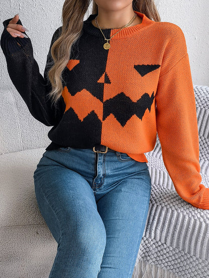 Women Ghost Pumpkin Color Block Long Sleeve Pullover Sweater