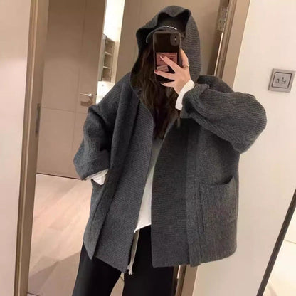 Hooded Pocket Knitted Cardigan Plus Size Women's Thickened