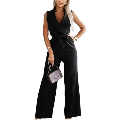Women's Sleeveless Lapel-collar Wide-leg Jumpsuit With Belt And Pockets