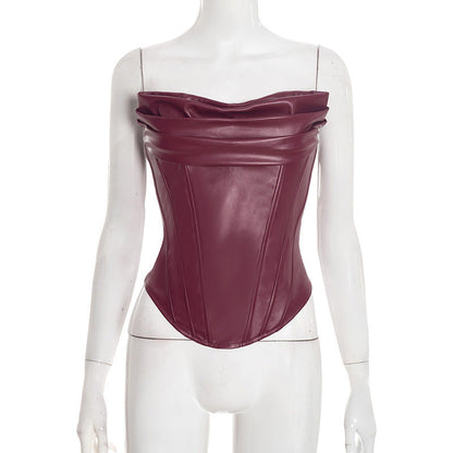 Women's PU Leather Fishbone-Strap Corset Sleeveless Top