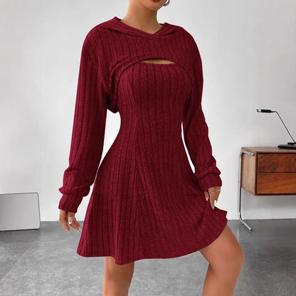Women's Two-piece Set Dresses New Fashion Fall Winter Hooded Shawl Long-sleeved Vest Short Skirt