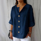 Loose-fit Women's V-neck Cotton-Linen Button T-shirt Top