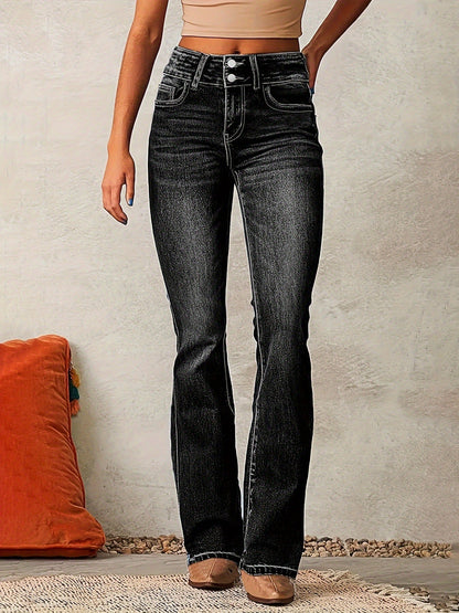 Skinny Flared Jeans With Pockets Fashion Button Zipper Trousers Women's Slim Denim Pants