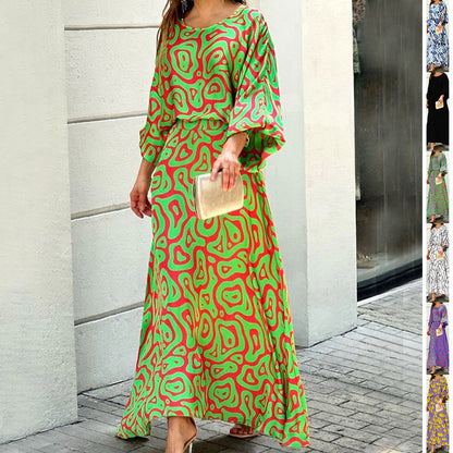 2pcs Women's Dress Suits Fashion Loose Printed Long Sleeve Top And High Waist Long Skirt