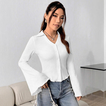 Shoulder Bell Sleeve Solid Color Long-sleeved Top