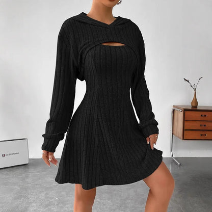 Women's Two-piece Set Dresses New Fashion Fall Winter Hooded Shawl Long-sleeved Vest Short Skirt