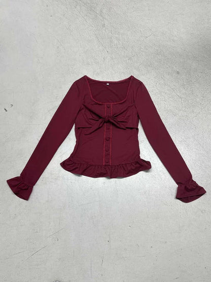 Sweet And Spicy Style With A U-neck And Ruffled Hem, Long-sleeved Design