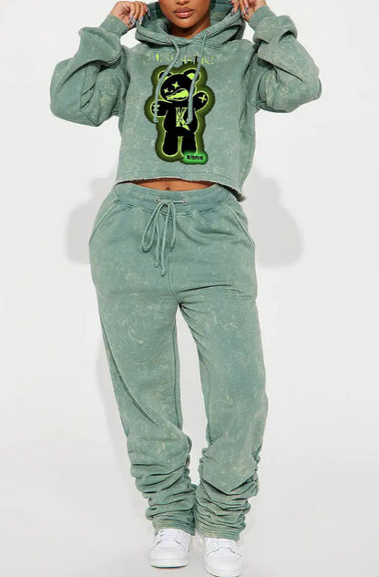 Casual Printed Hooded Short Sweatshirt Set