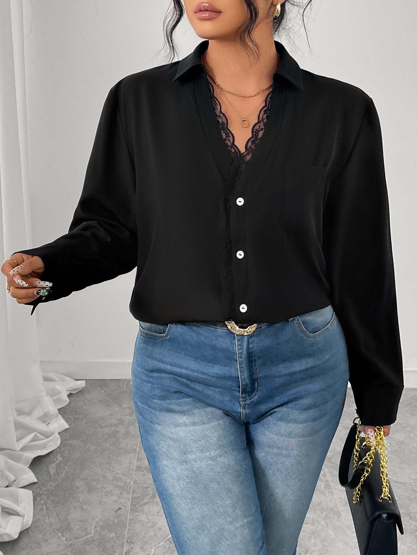 French Style Black Lace Shirt With Black Buttons