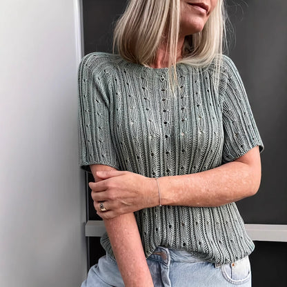 Women's Solid-color Crew-neck Hollow-out Mesh Knit Short-sleeve