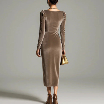 Long Sleeve Pleated Long Slit Velvet Sheath Dress