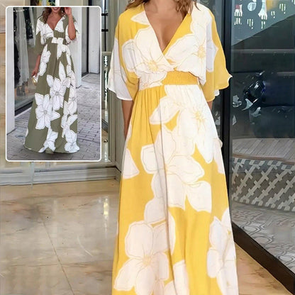 Flower Printed V-neck Batwing-sleeved Dress Fashion Elegant Backless Long Dresses Women's Clothing