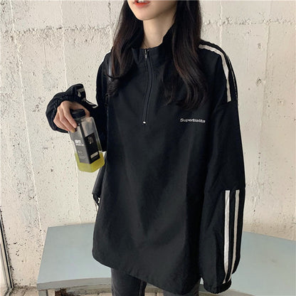 Women's SpringAutumn Thin Striped Preppy-Style Student Top Zip-Up Sweatshirt