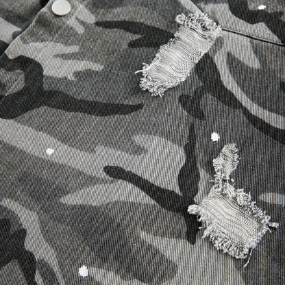American Retro Loose Heavy Industry Distressed Camouflage Long Sleeve Shirt
