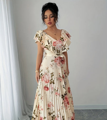 V-neck Digital Floral Print Ruffles Dress