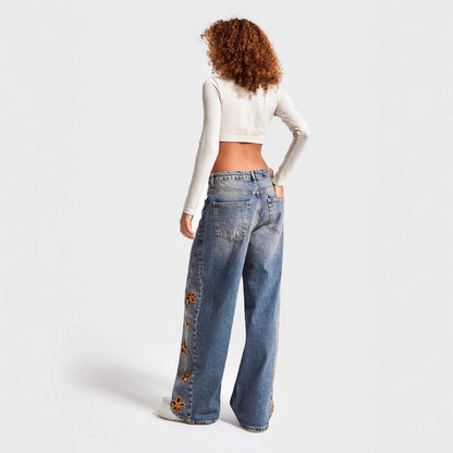 Women's Casual And Relaxed Embroidered High Waist Loose Jeans