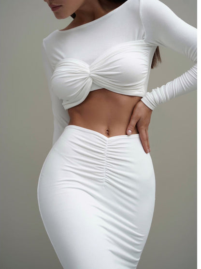 Long-sleeved Crop Top & Shirred Maxi Skirt Two-piece Set