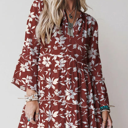 Women's V-neck Printed Ruffle Pleated Elegant Dress