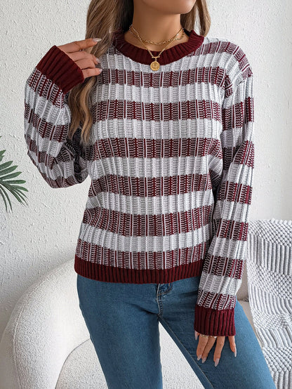 Women Round Neck Retro Stripe Lantern Sleeve Long Sleeve Pullover Sweater