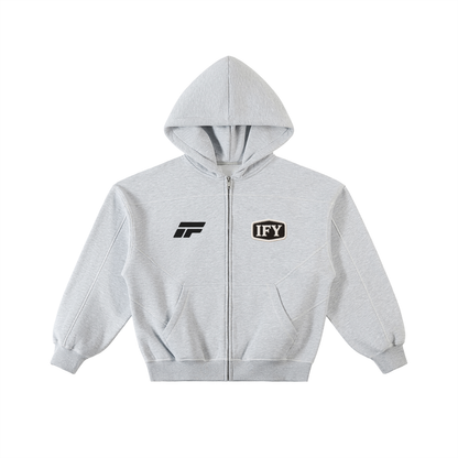 Contrast-Stitched Boxy Fleece Zip Hoodie