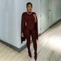 Solid Color Casual Slim-fitting Patchwork Long Sleeve Open Arm Mesh Long Conjoined Trousers