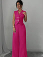 Summer Sleeveless Suit Fashion Lapel Button Vest Top And Pleated Straight Pants Women's Trousers Set Clothing
