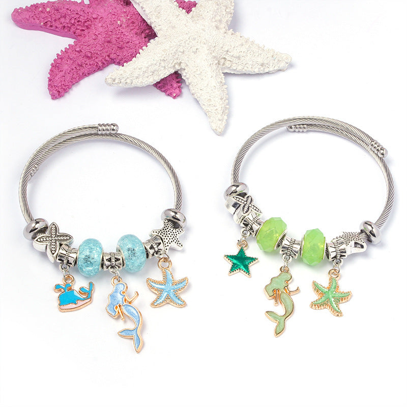DIY Open-End Adjustable Blue Ocean Series Mermaid Pendant Bracelet Multi-Color Beaded Bracelet Factory Wholesale