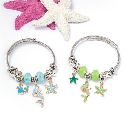 DIY Open-End Adjustable Blue Ocean Series Mermaid Pendant Bracelet Multi-Color Beaded Bracelet Factory Wholesale
