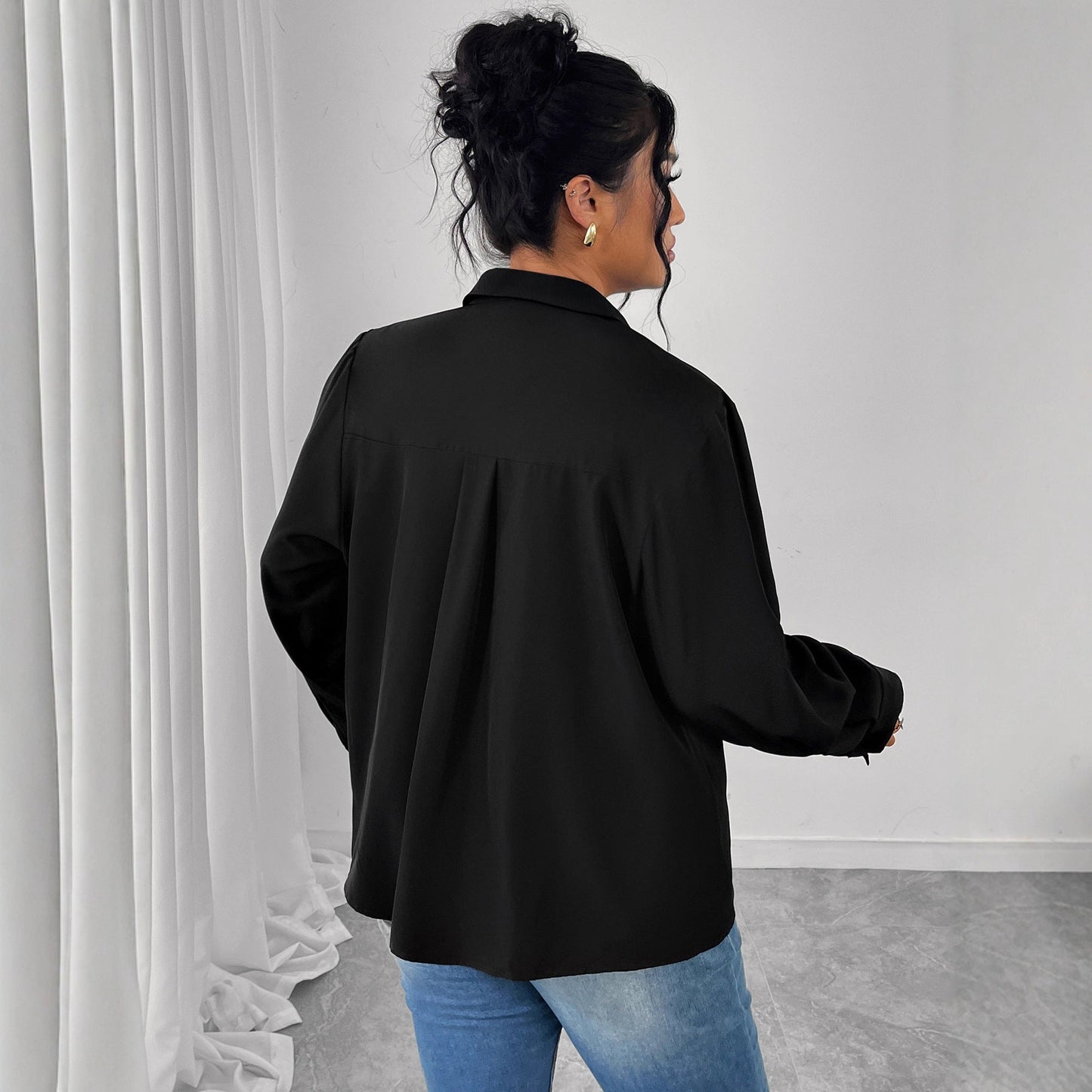 French Style Black Lace Shirt With Black Buttons