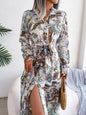 Women's Retro Floral Belted Shirt Dress – Stand Collar, Long Sleeve, Ankle-Length Skirt